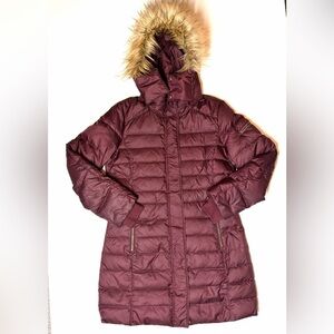 Hawke & Co Women's Burgundy Puffer Coat with Faux Fur Hood Size- M